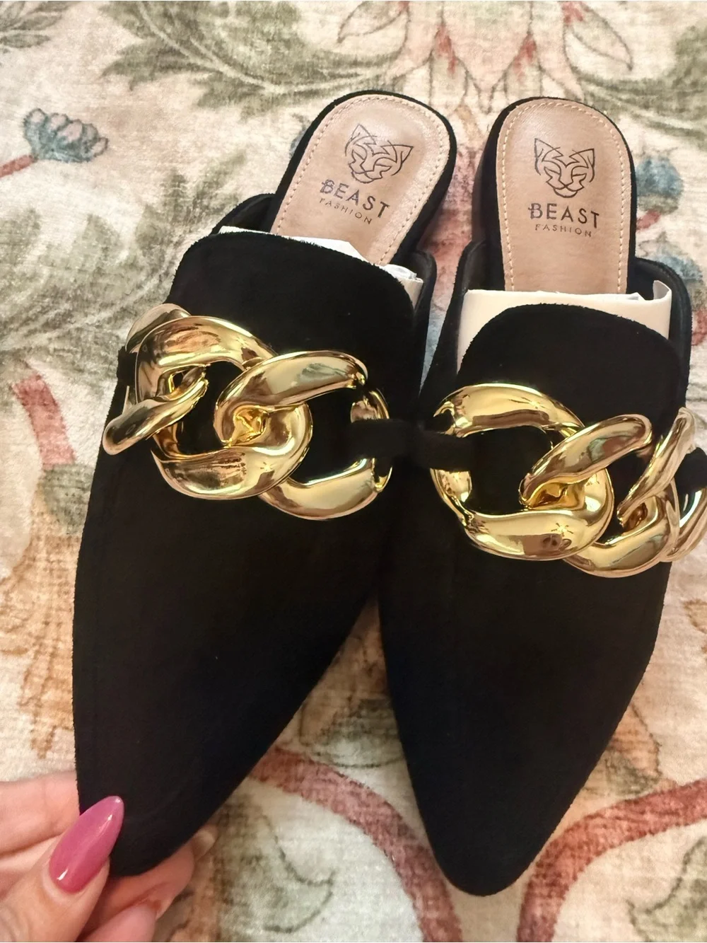 BEAST FASHION Black Suede Pointed Slip-On Mules with Chunky Gold Chain - Picture 4 of 8